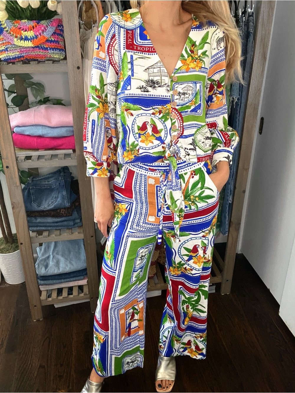 JOIE Tropical Print Linen-Blend Top & Pant Set in Royal Blue, Red, Green! 🌴 - Picture 1 of 16
